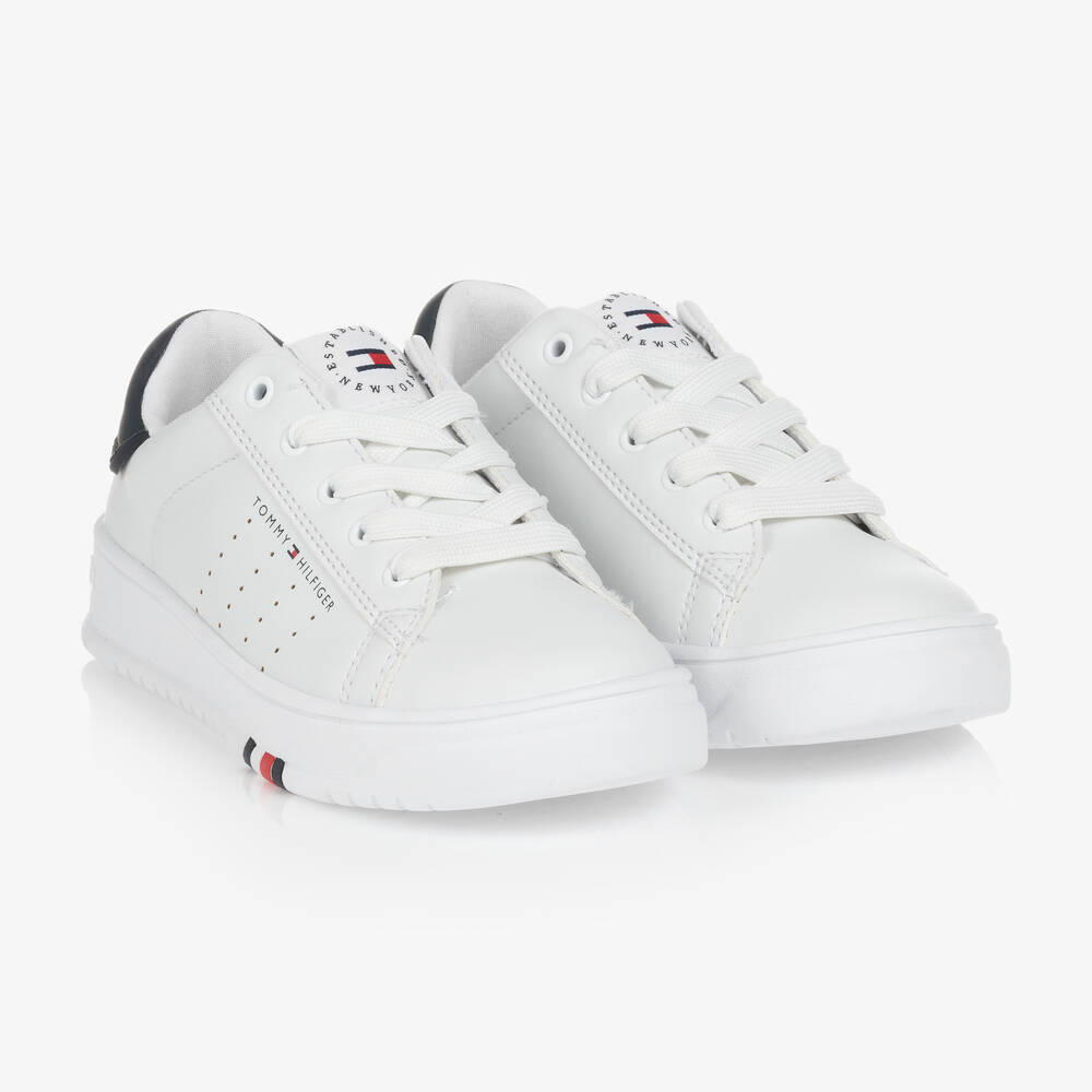 Tommy Hilfiger - Teen Boys White & Blue Logo Trainers | Childrensalon