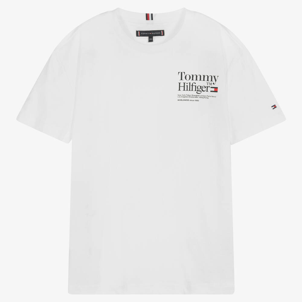 Tommy Hilfiger - تيشيرت تينز ولادي قطن لون أبيض | Childrensalon