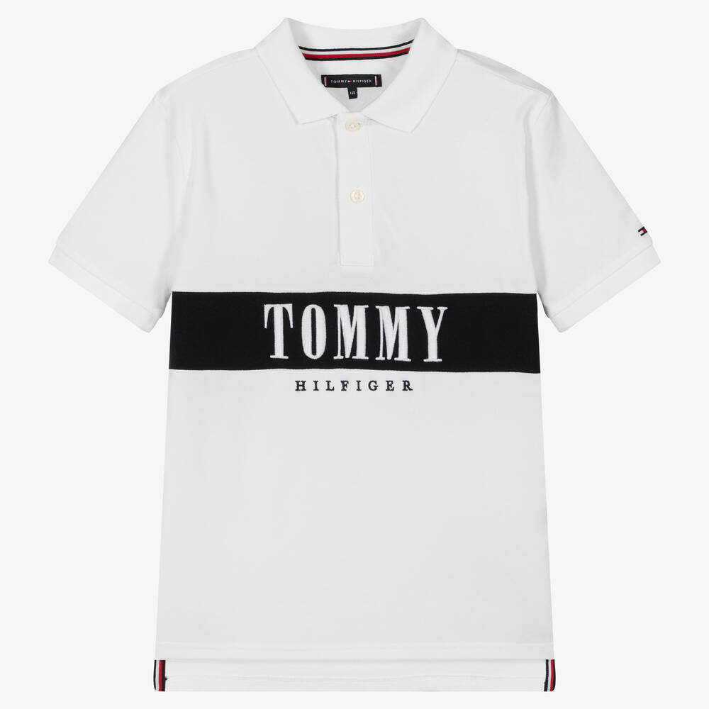 Tommy Hilfiger - توب بولو تينز ولادي قطن جيرسي لون أبيض | Childrensalon