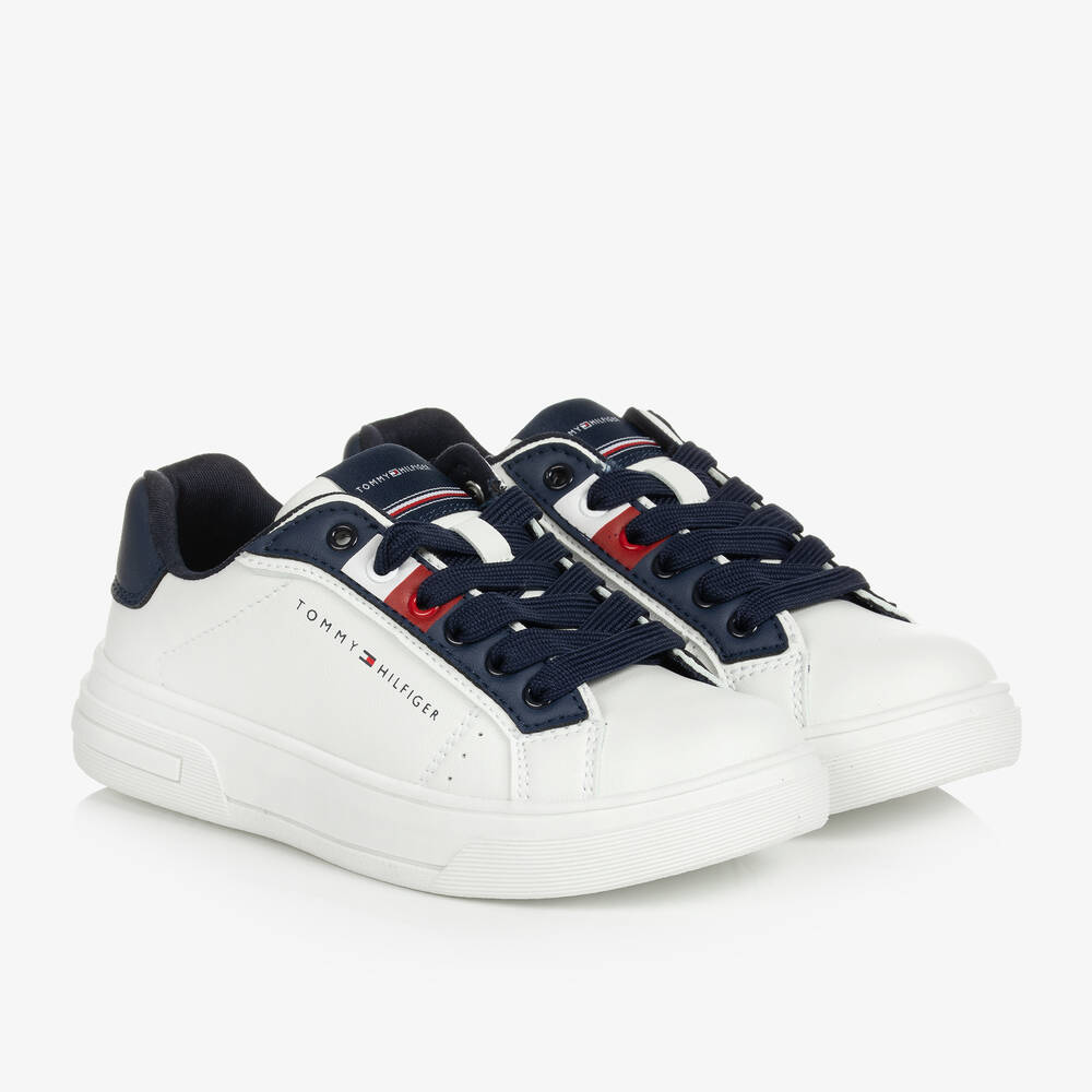 Tommy Hilfiger - Teen Boys White & Navy Blue Trainers | Childrensalon