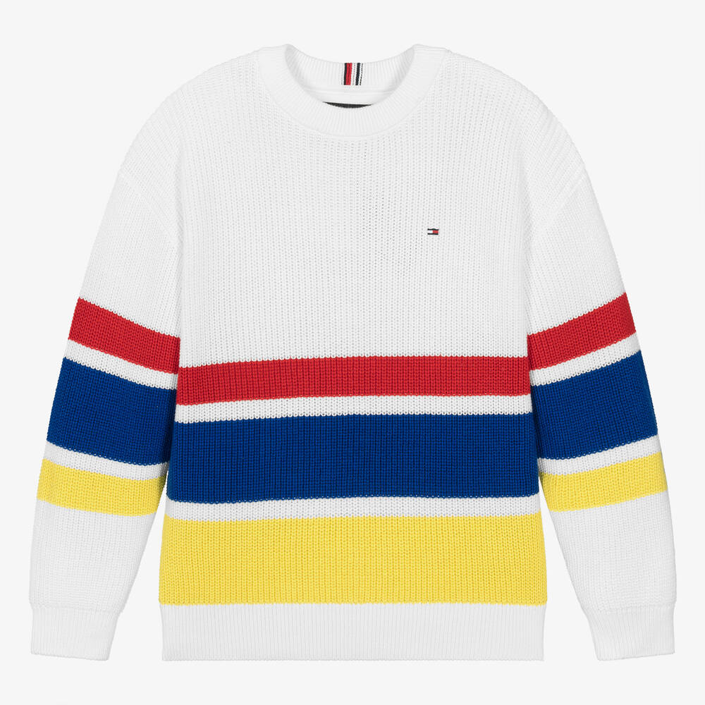Tommy Hilfiger-Белый хлопковый свитер с полосками для мальчиков-подростков | Childrensalon Outlet