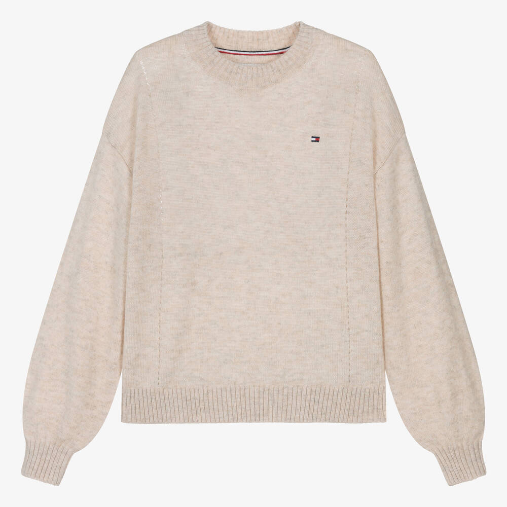 Tommy Hilfiger - Pull beige en laine à drapeau brodé | Childrensalon