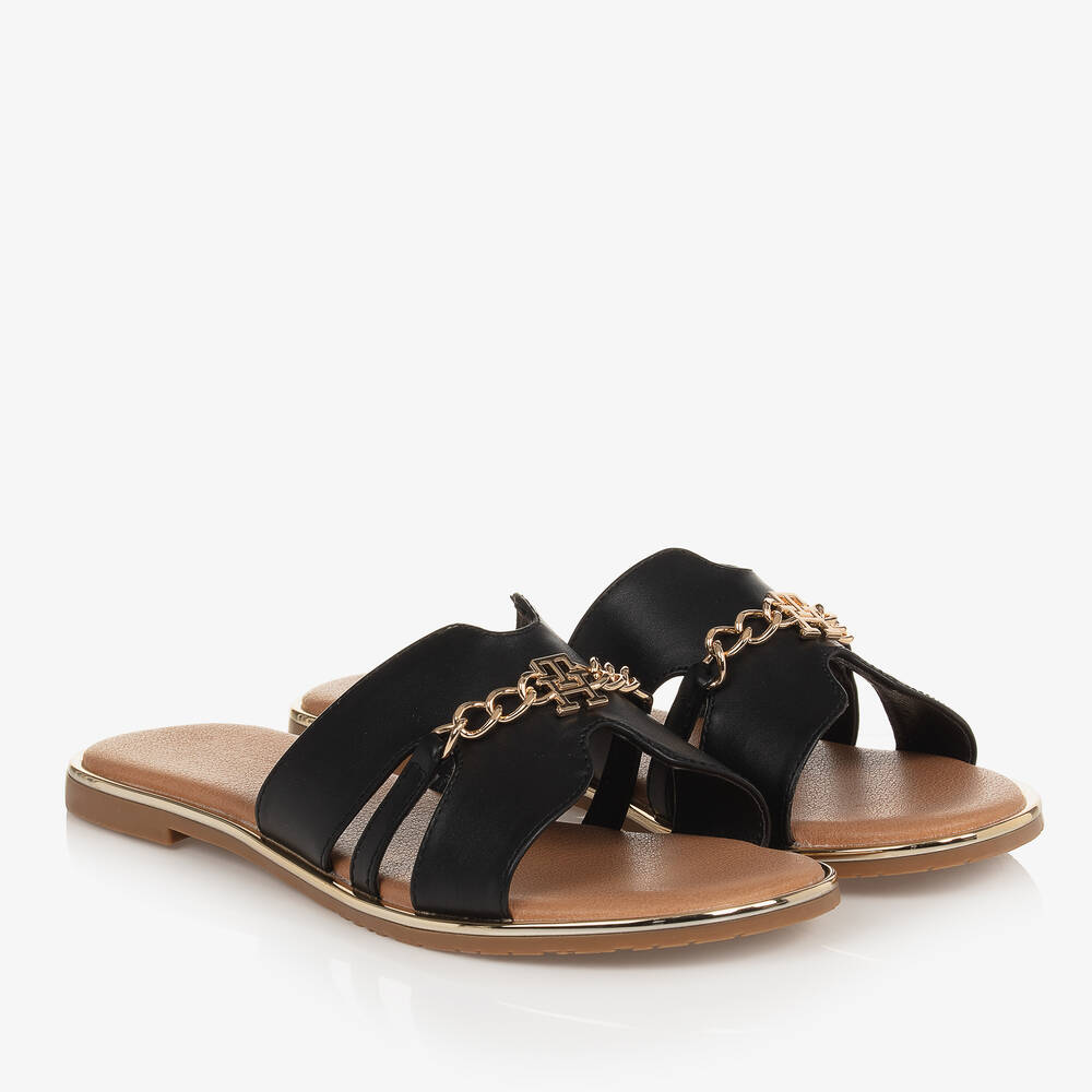 Tommy Hilfiger-Teen Girls Black TH Monogram Sliders | Childrensalon Outlet