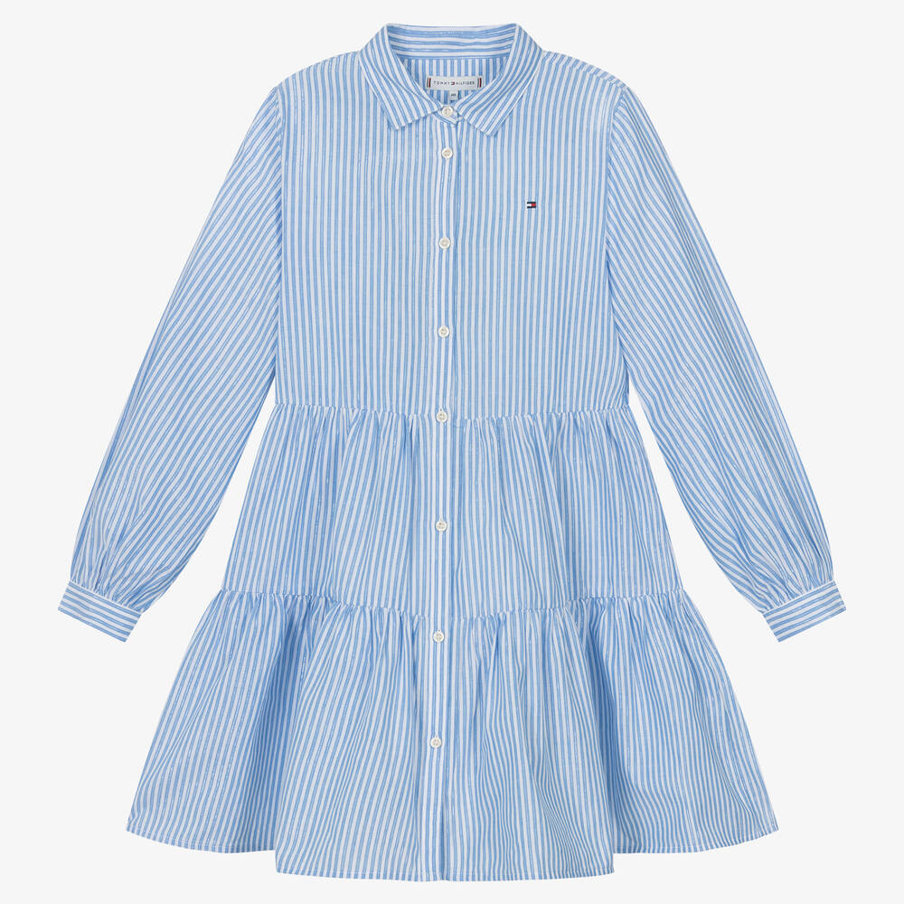 Tommy Hilfiger - فستان قميص قطن مقلّم لون أزرق تينز بناتي | Childrensalon