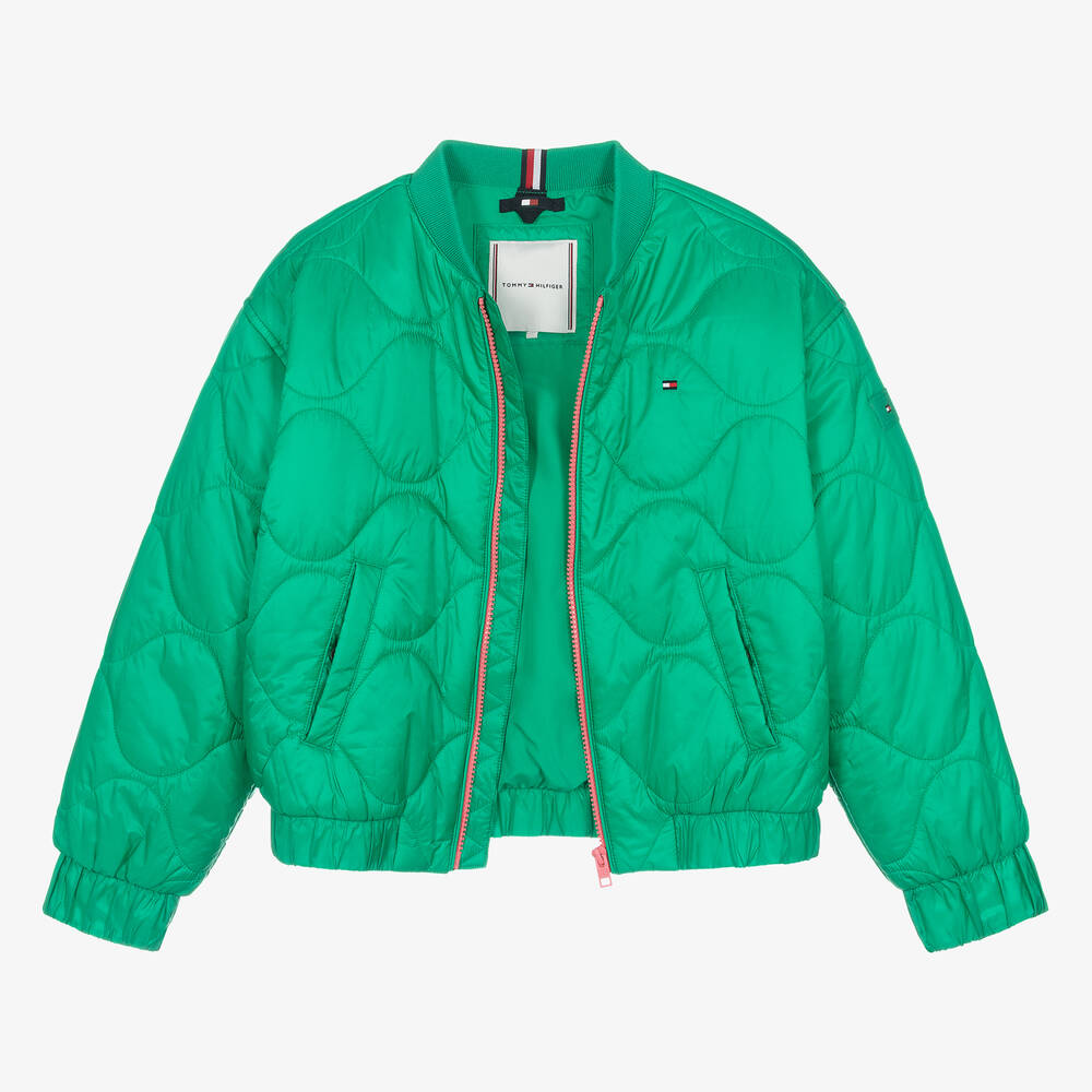 Tommy Hilfiger-Teen Girls Green Quilted Satin Bomber Jacket | Childrensalon Outlet