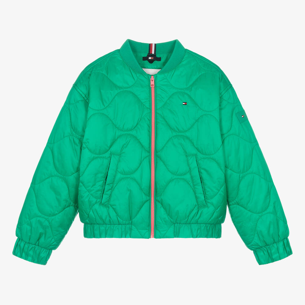 Tommy Hilfiger-Teen Girls Green Quilted Satin Bomber Jacket | Childrensalon Outlet