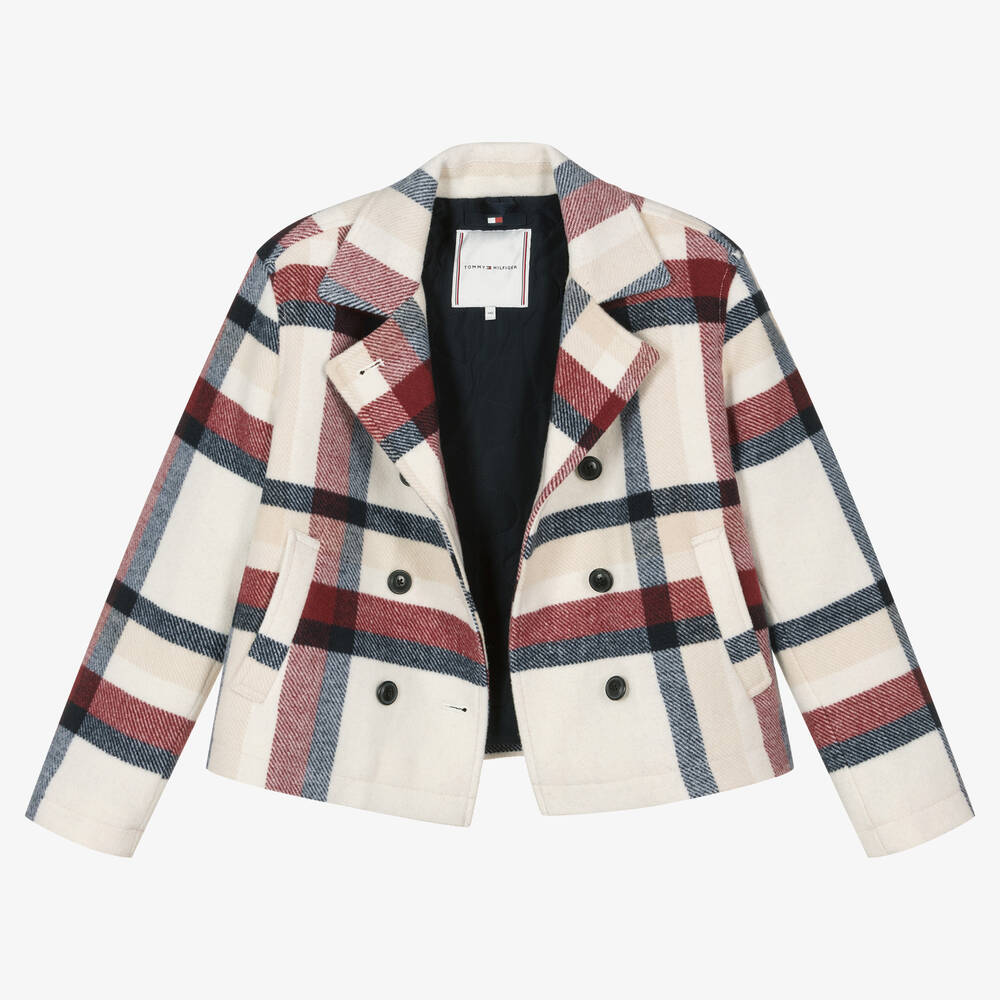 Tommy Hilfiger-Teen Girls Ivory Check Wool Peacoat | Childrensalon Outlet
