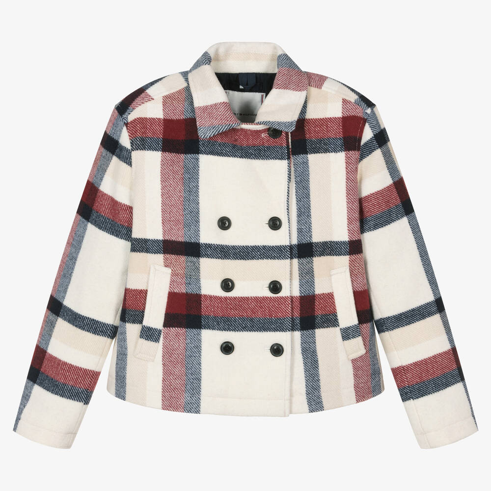 Tommy Hilfiger-Teen Girls Ivory Check Wool Peacoat | Childrensalon Outlet