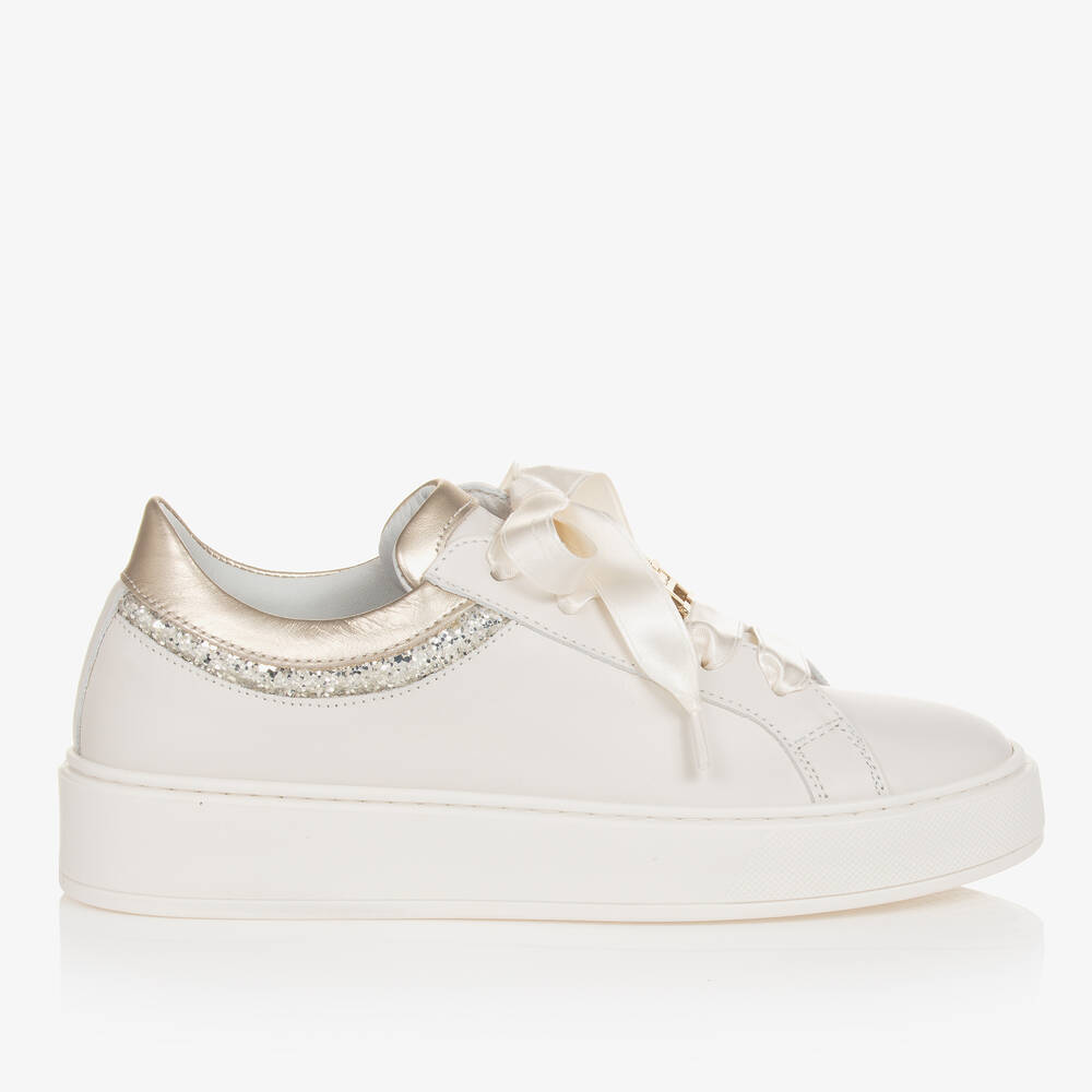 Tommy Hilfiger-Teen Girls Ivory & Gold Leather Trainers | Childrensalon Outlet