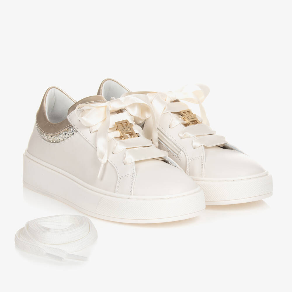 Tommy Hilfiger-Teen Girls Ivory & Gold Leather Trainers | Childrensalon Outlet