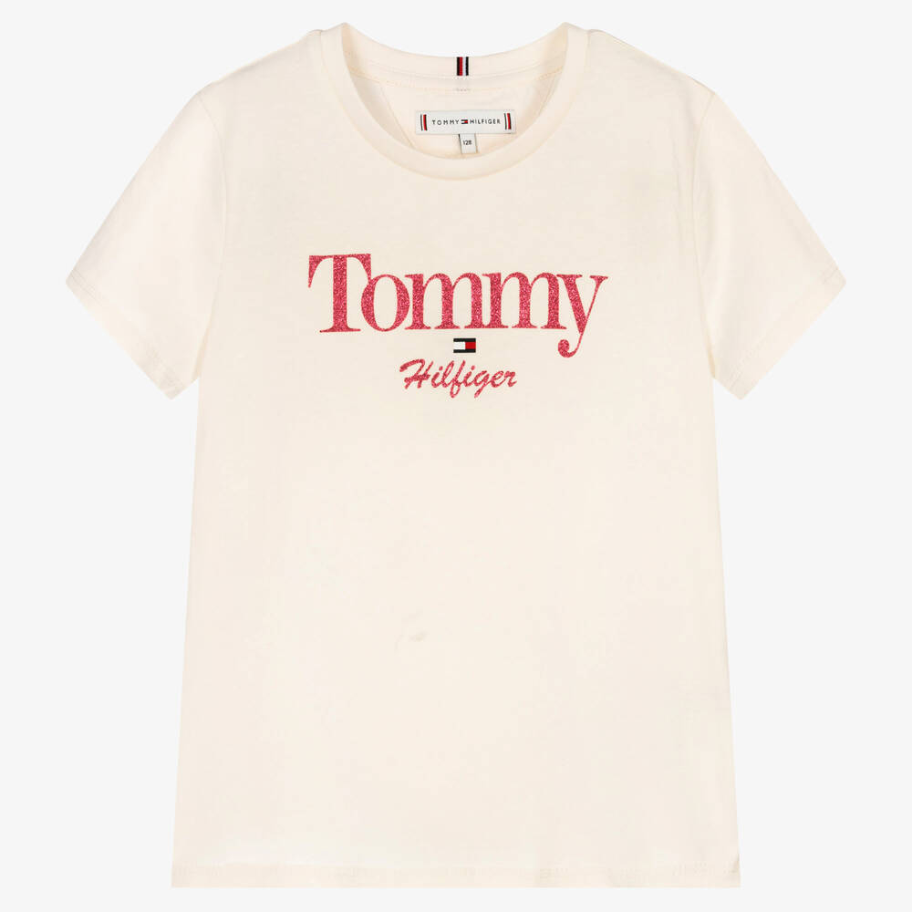 Tommy Hilfiger - تيشيرت تينز بناتي قطن لون عاجي | Childrensalon