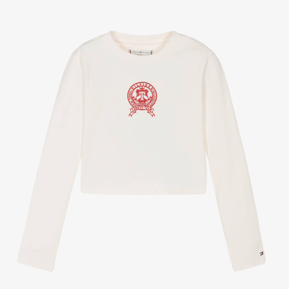 Tommy Hilfiger - Teen Girls Ivory Ribbed Crop Top | Childrensalon