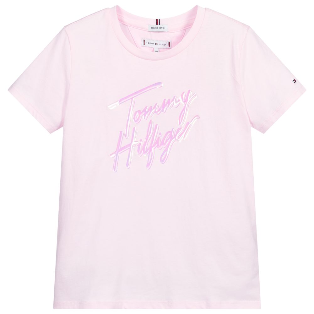 Tommy Hilfiger - تيشيرت تينز بناتي قطن عضوي جيرسي لون زهري | Childrensalon