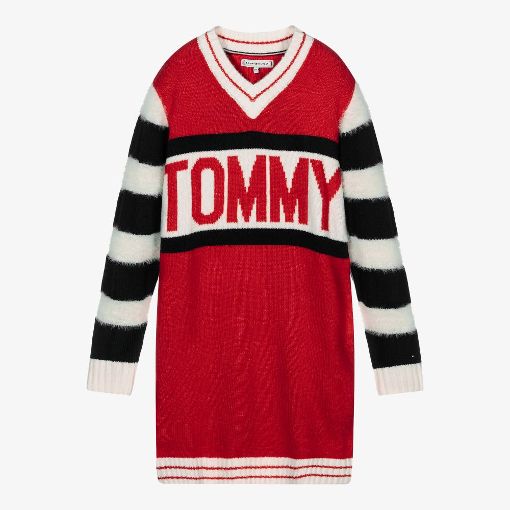 Tommy Hilfiger - فستان مزيج صوف محبوك لون أحمر وعاجي | Childrensalon