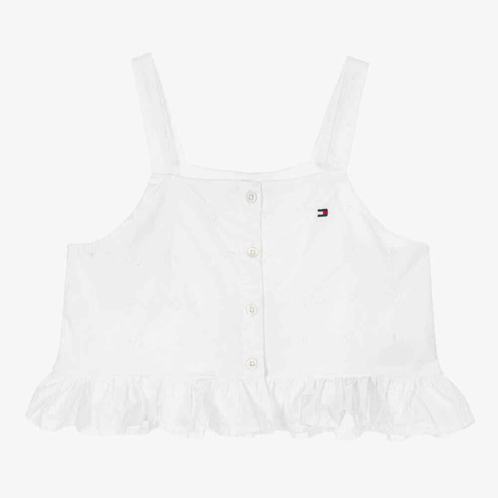 Tommy Hilfiger - Teen Girls White Cotton Logo Cropped Top | Childrensalon