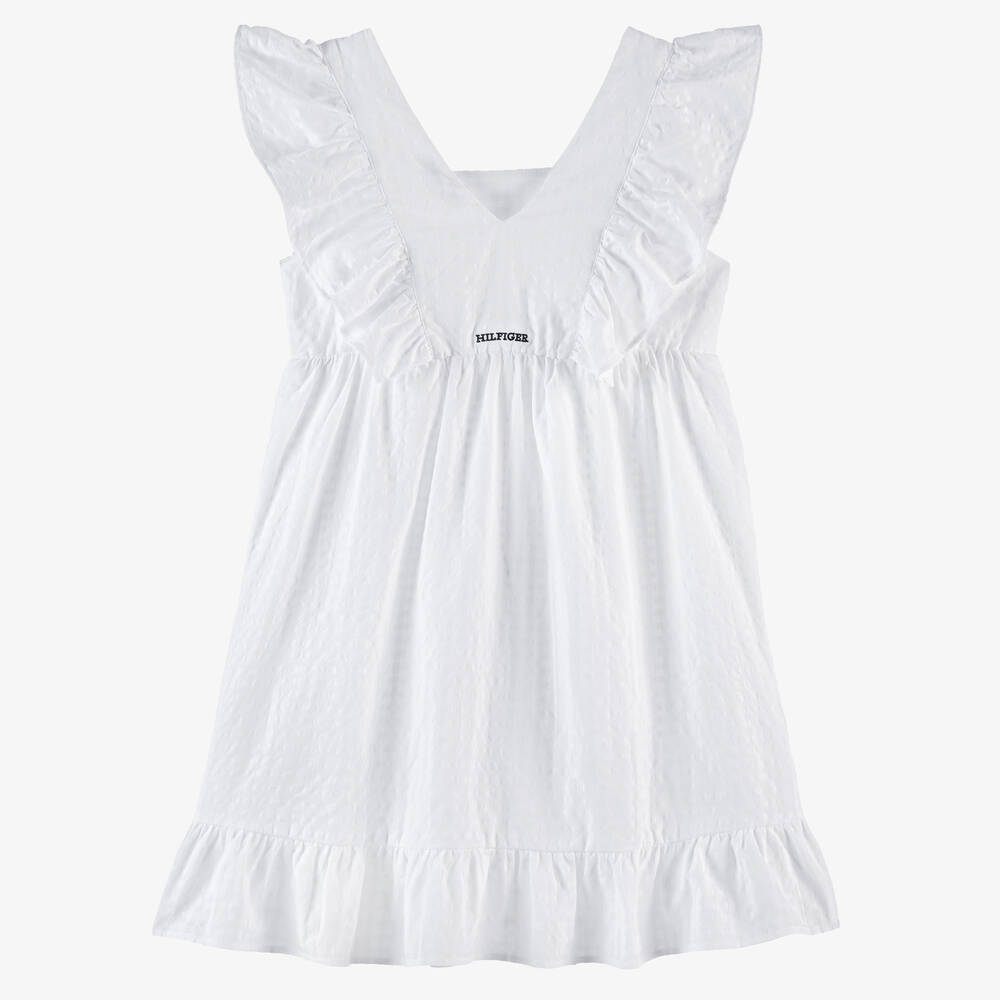 Tommy Hilfiger-فستان قطن لون أبيض مزين بكشكش للمراهقات | Childrensalon Outlet