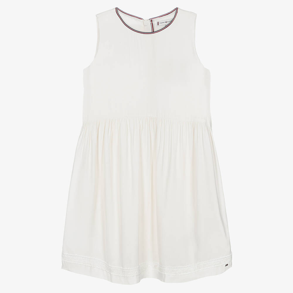 Tommy Hilfiger - Teen Girls White Crêpe Lace Trim Dress | Childrensalon