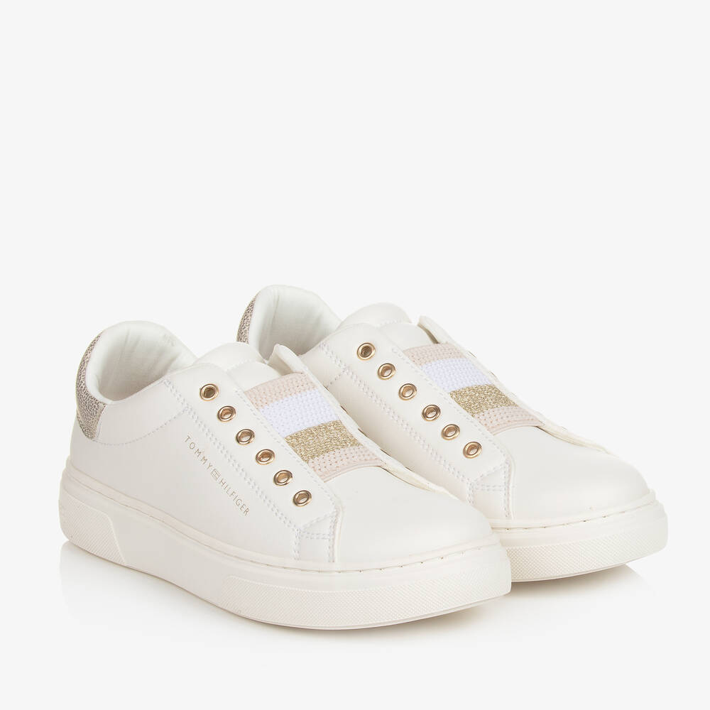 Tommy Hilfiger-Teen Girls White & Gold Faux Leather Trainers | Childrensalon Outlet