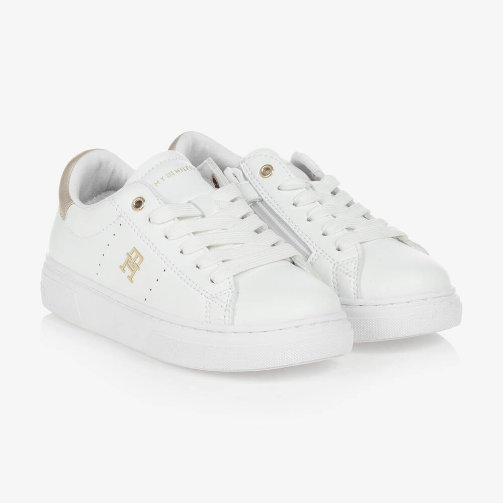 Tommy Hilfiger - Teen Girls White & Gold Monogram Trainers | Childrensalon