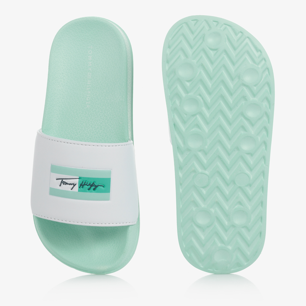 Tommy Hilfiger-Teen Green & White Sliders | Childrensalon Outlet