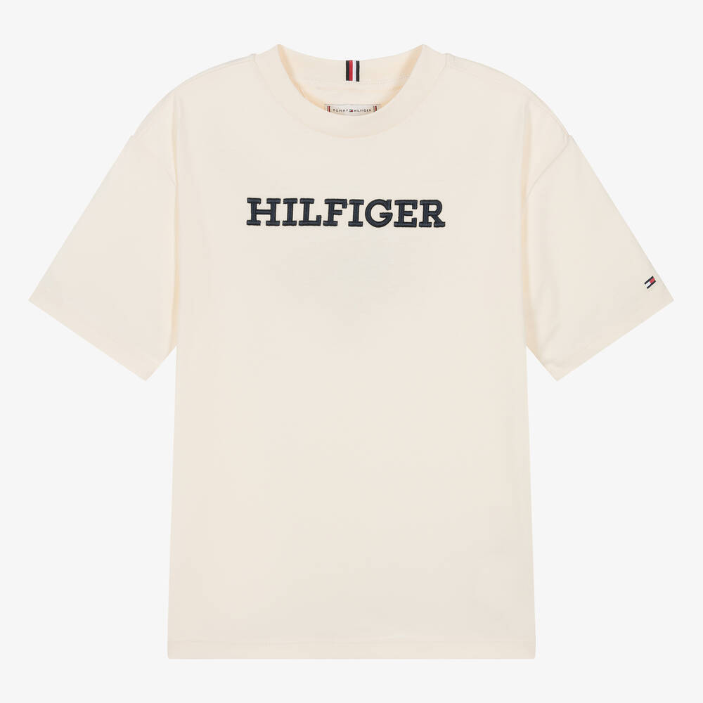 Tommy Hilfiger-Teen Ivory Embroidered Cotton T-Shirt | Childrensalon Outlet