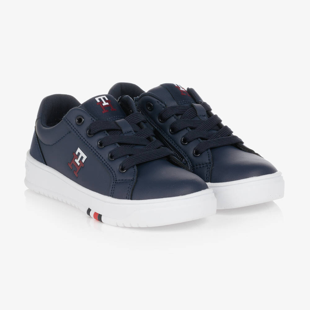 Tommy Hilfiger - Teen Navy Blue Faux Leather Logo Trainers | Childrensalon