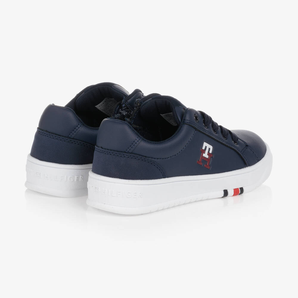 Tommy Hilfiger-Teen Navy Blue Faux Leather Logo Trainers | Childrensalon Outlet