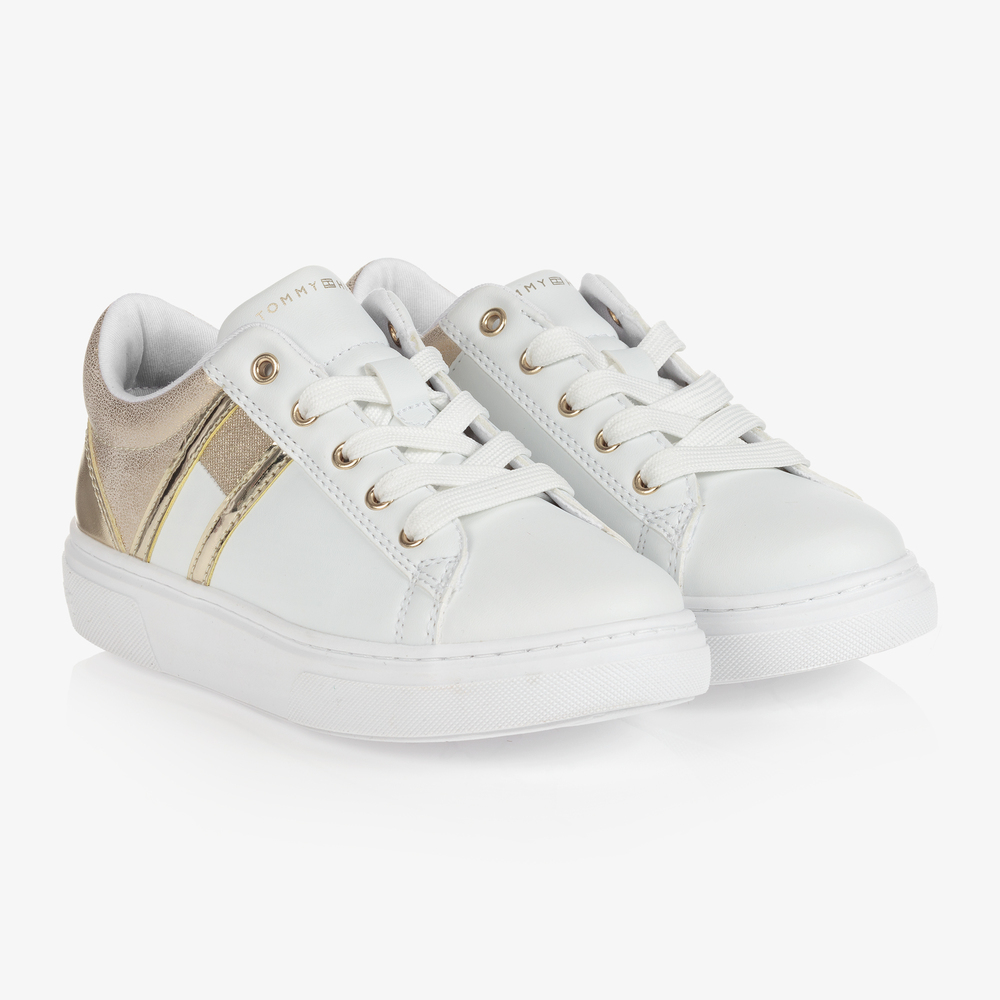 Tommy Hilfiger - Teen White & Gold Trainers | Childrensalon