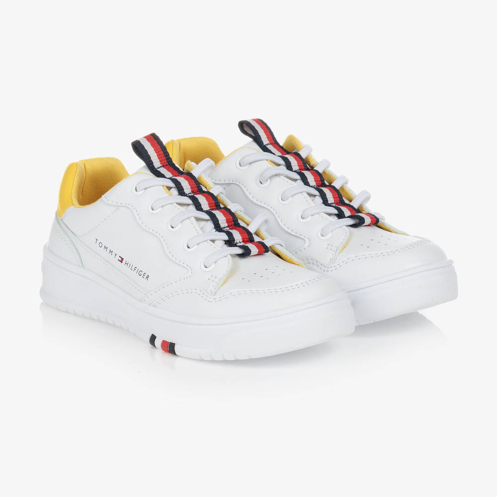 Tommy Hilfiger - Teen White & Yellow Faux Leather Trainers | Childrensalon