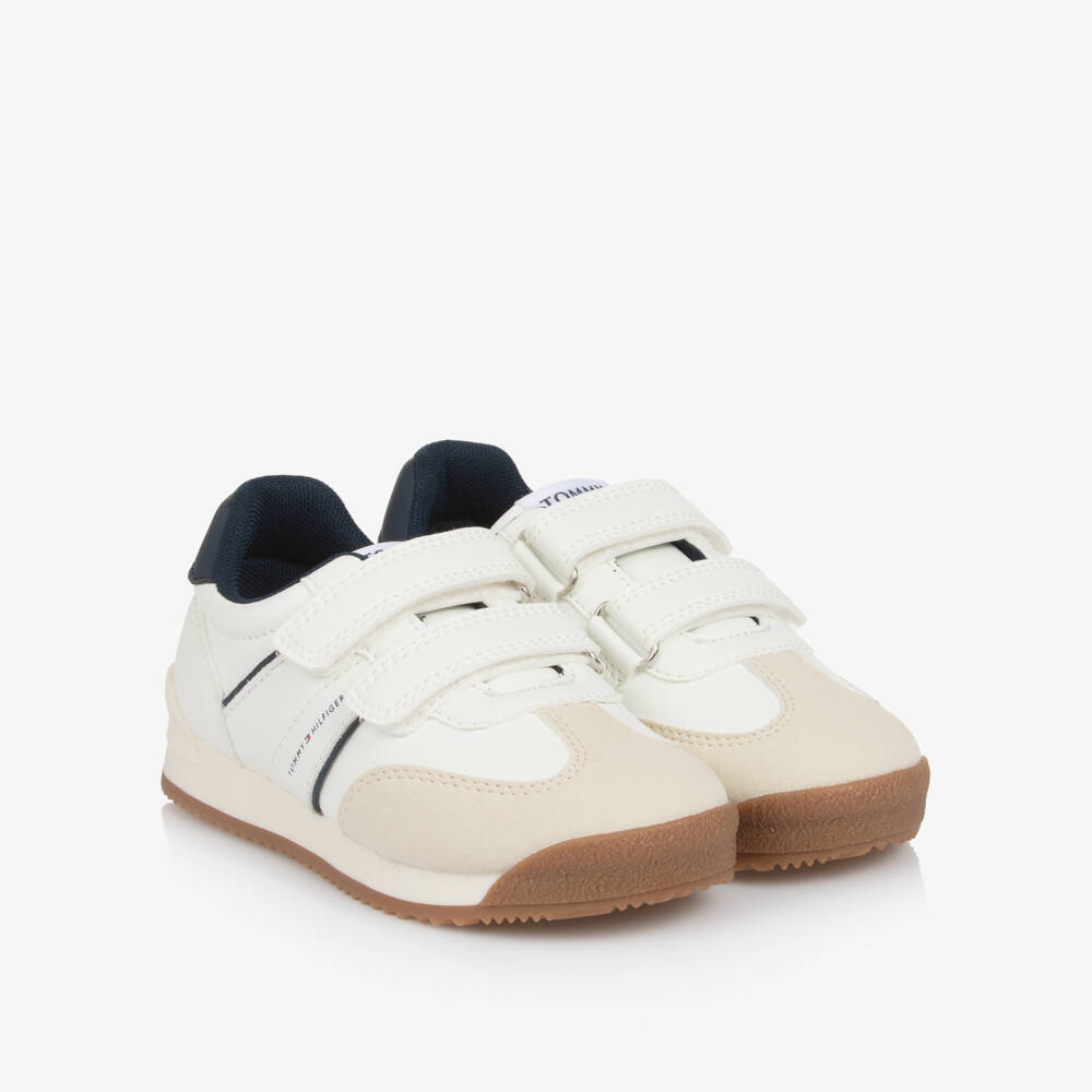 Tommy Hilfiger-White, Beige & Navy Blue Faux Leather Velcro Trainers | Childrensalon Outlet