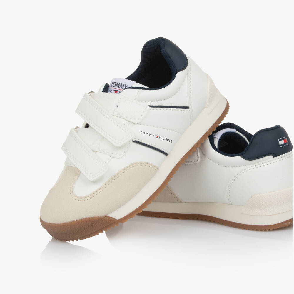 Tommy Hilfiger-White, Beige & Navy Blue Faux Leather Velcro Trainers | Childrensalon Outlet