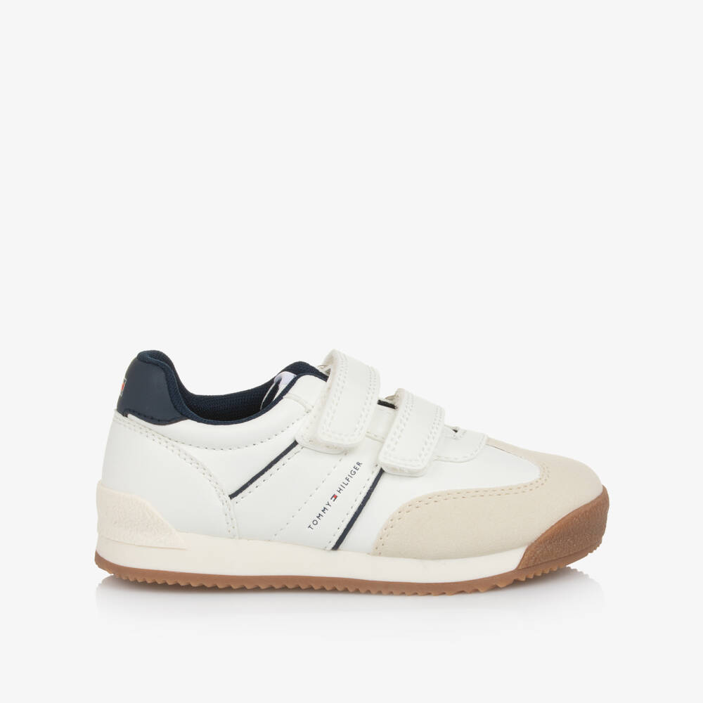 Tommy Hilfiger-White, Beige & Navy Blue Faux Leather Velcro Trainers | Childrensalon Outlet