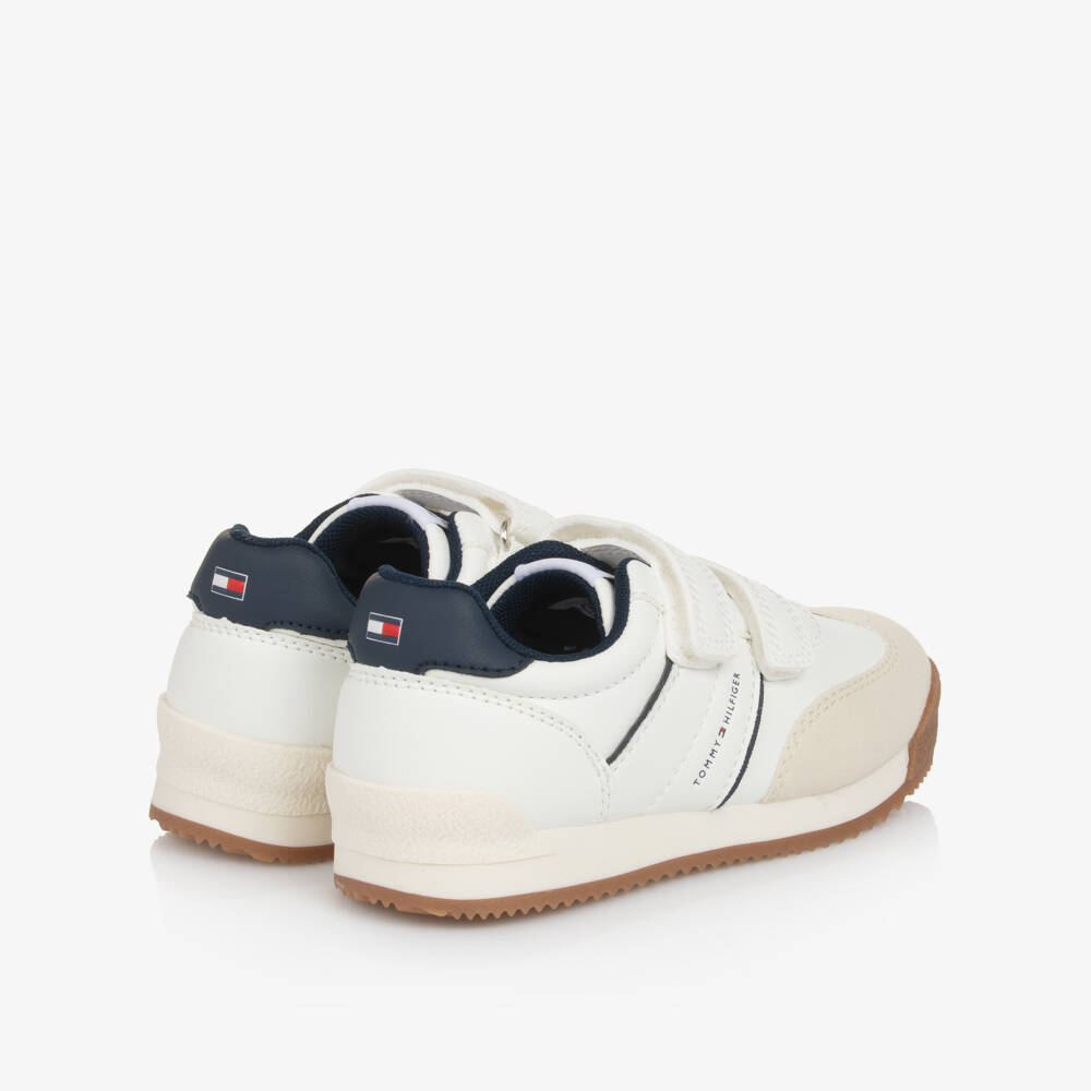 Tommy Hilfiger-White, Beige & Navy Blue Faux Leather Velcro Trainers | Childrensalon Outlet