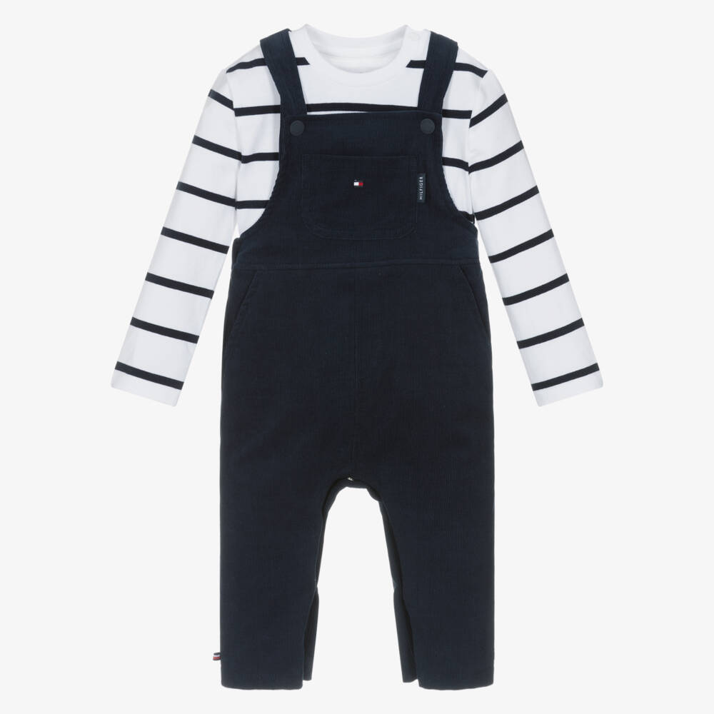 Tommy Hilfiger-White & Blue Cotton Baby Dungaree Set | Childrensalon Outlet
