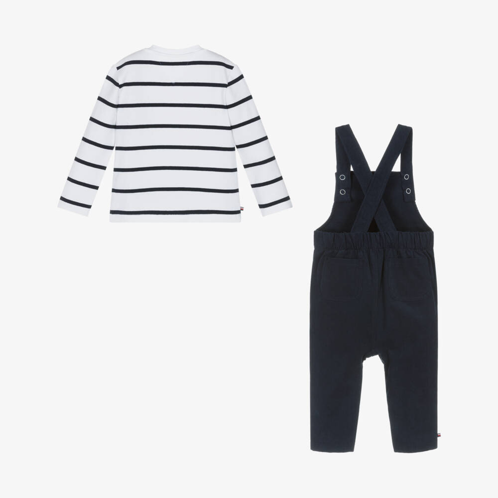 Tommy Hilfiger-White & Blue Cotton Baby Dungaree Set | Childrensalon Outlet