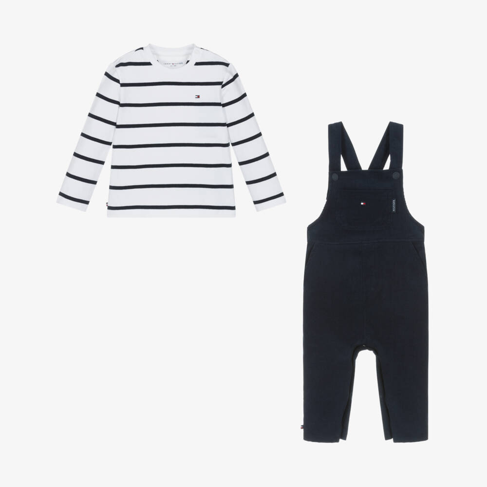 Tommy Hilfiger-White & Blue Cotton Baby Dungaree Set | Childrensalon Outlet