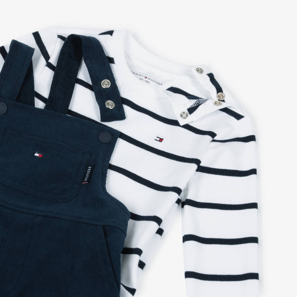 Tommy Hilfiger-White & Blue Cotton Baby Dungaree Set | Childrensalon Outlet