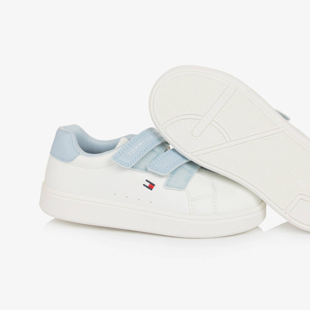 Tommy Hilfiger-White & Blue Faux Leather Double Velcro Trainers | Childrensalon Outlet