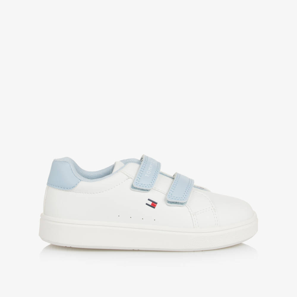 Tommy Hilfiger-White & Blue Faux Leather Double Velcro Trainers | Childrensalon Outlet