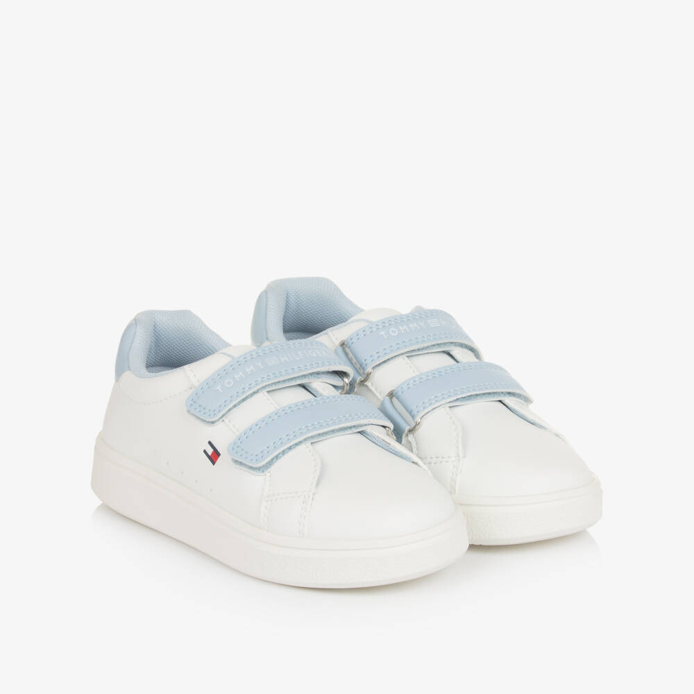 Tommy Hilfiger-White & Blue Faux Leather Double Velcro Trainers | Childrensalon Outlet