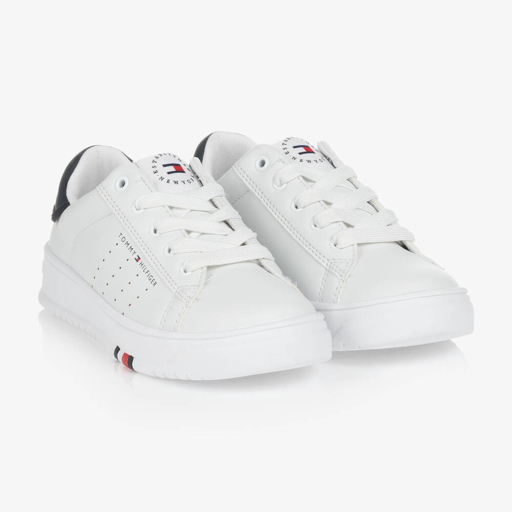 Tommy Hilfiger - White & Blue Faux Leather Trainers | Childrensalon