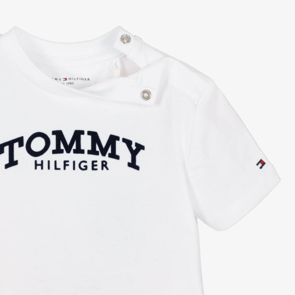Tommy Hilfiger-White Cotton Baby T-Shirt with Blue Flocked Logo Print | Childrensalon Outlet
