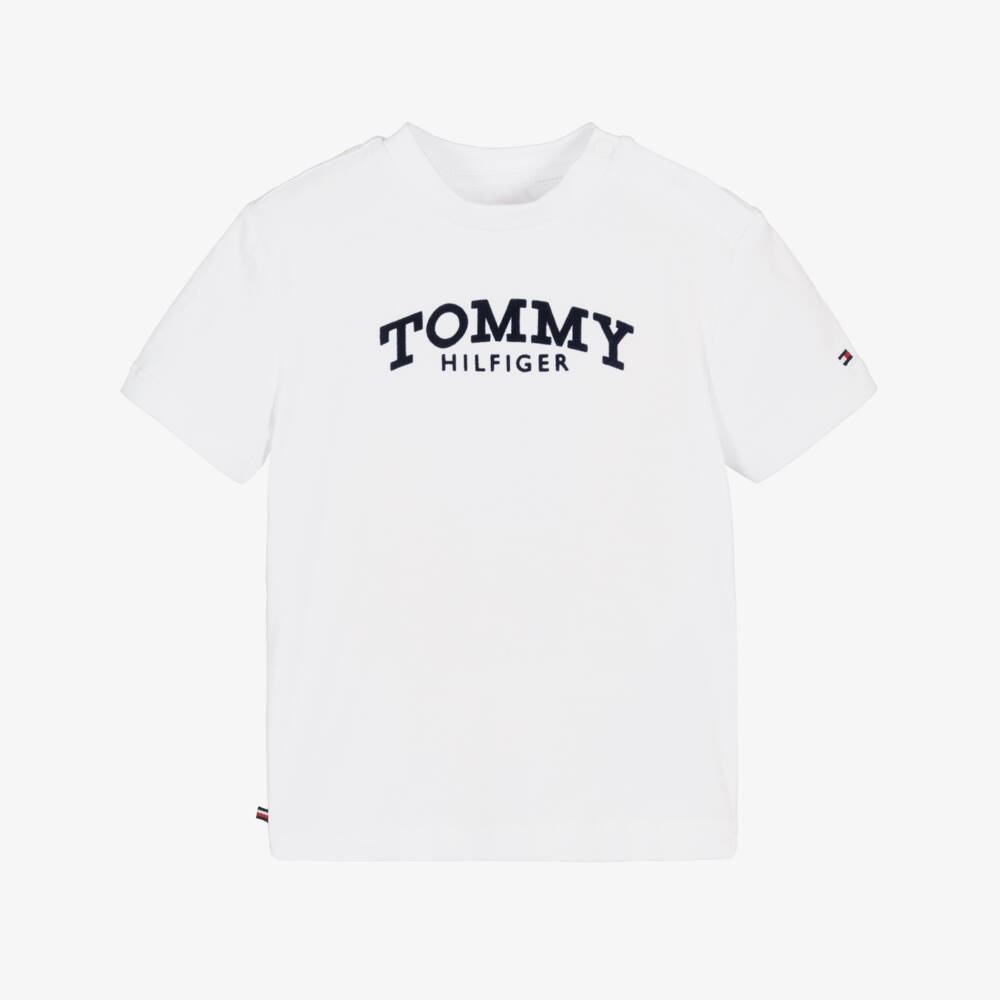 Tommy Hilfiger-White Cotton Baby T-Shirt with Blue Flocked Logo Print | Childrensalon Outlet