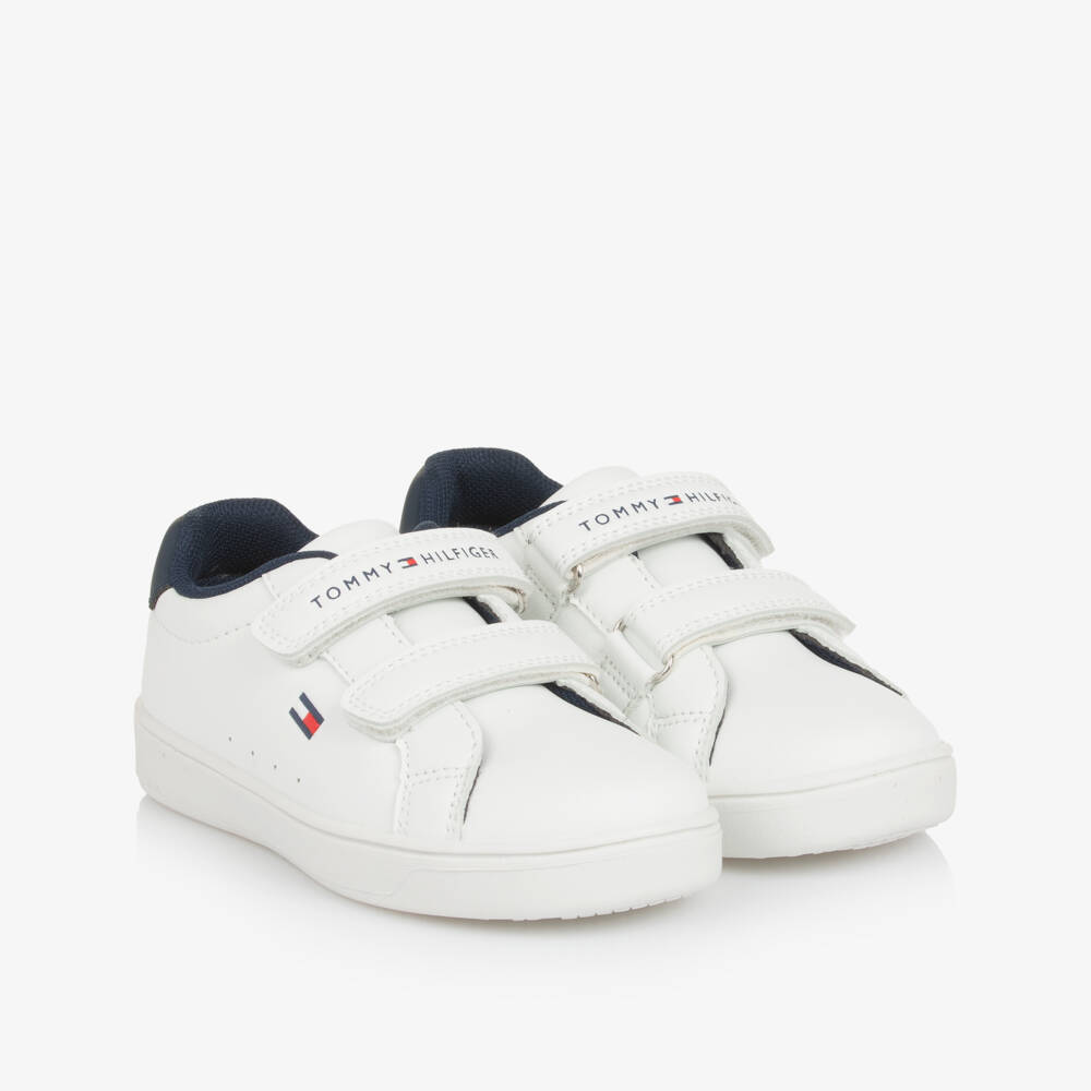 Tommy Hilfiger-White Faux Leather Velcro Trainers with Navy Blue Trim | Childrensalon Outlet