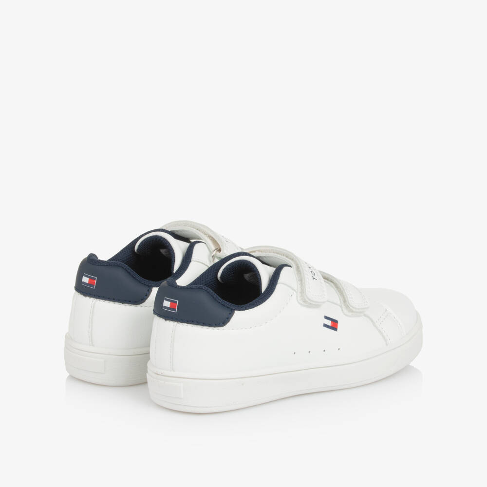 Tommy Hilfiger-White Faux Leather Velcro Trainers with Navy Blue Trim | Childrensalon Outlet