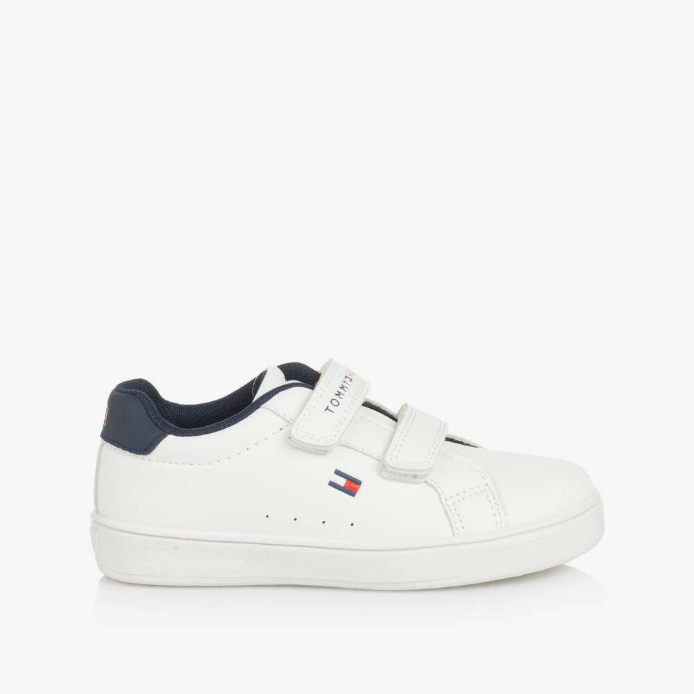 Tommy Hilfiger-White Faux Leather Velcro Trainers with Navy Blue Trim | Childrensalon Outlet