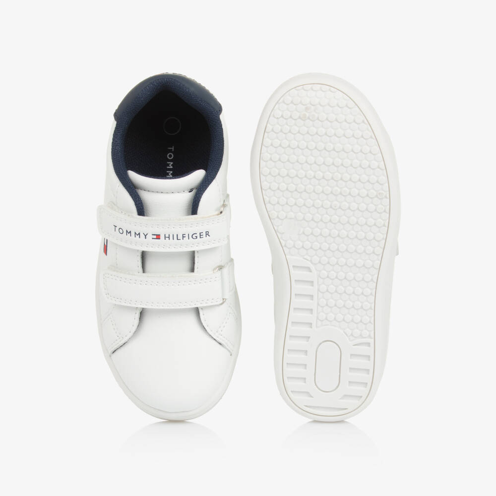 Tommy Hilfiger-White Faux Leather Velcro Trainers with Navy Blue Trim | Childrensalon Outlet