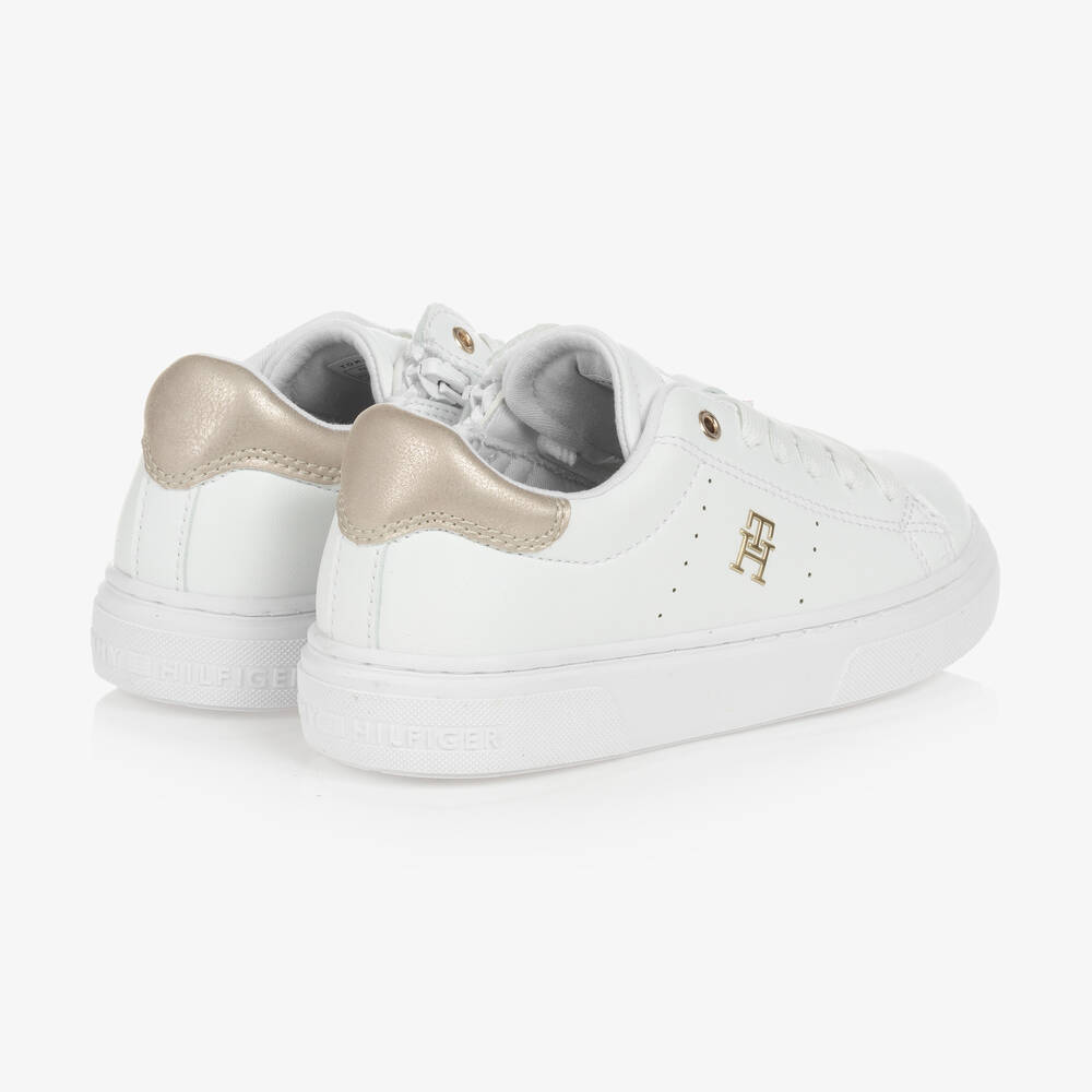 Tommy Hilfiger-White & Gold Faux Leather Trainers | Childrensalon Outlet