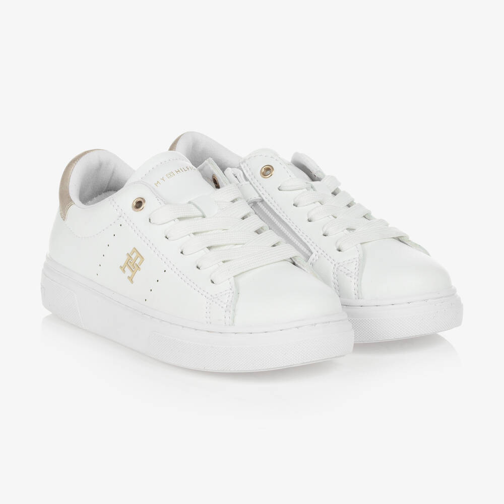 Tommy Hilfiger - White & Gold Faux Leather Trainers | Childrensalon