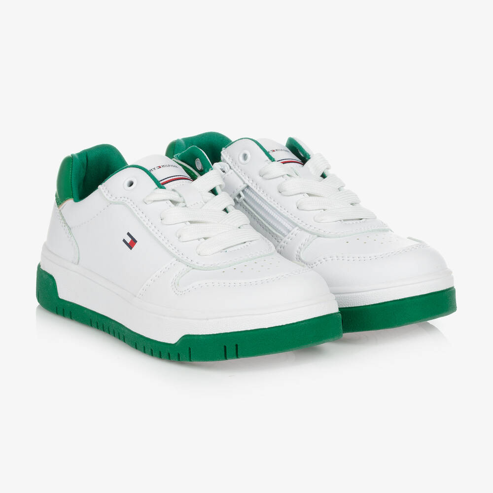 Tommy Hilfiger - White & Green Faux Leather Trainers | Childrensalon